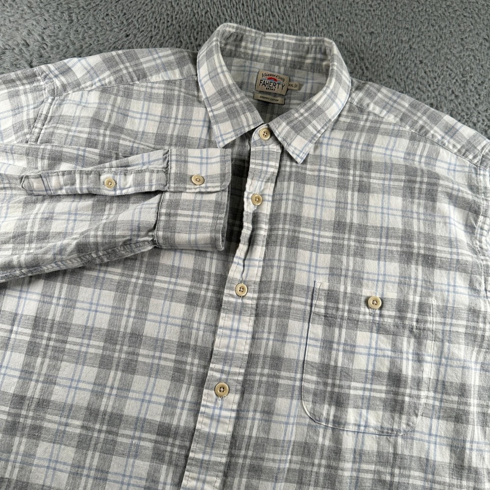 Faherty Shirt Mens XXL Gray White Plaid Long Sleeve Organic‎ Cotton Button Up